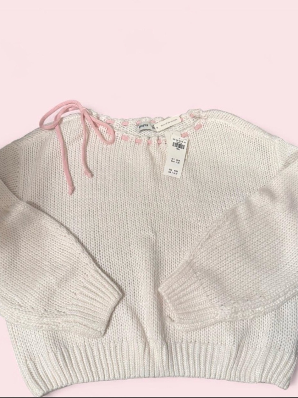 Hollister White Knit Sweater with pink bow detail